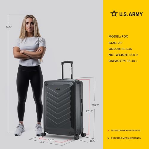 US ARMY Fox 28 inch Hardside Luggage with Spinner Wheels | Lightweight Large Suitcase for Extended Travel | Chevron Icon, Gel Handle, Side Studs, Retractable Trolley, Heavy Duty | Black