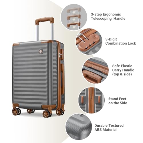 Joyway Carry on Luggage Sets 3 Piece with Spinner Wheels,Hardside 20 Inch Carry-on Suitcase 22x14x9 Airline Approved with Combination Lock, Grey Brown