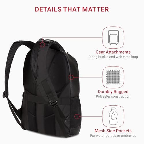SWISSGEAR Cecil 18-Inch Laptop Backpack Fits 16-Inch Laptop, Travel Daypack with Organizer Pockets, Water Bottle Holders & Padded Straps – Black Hex