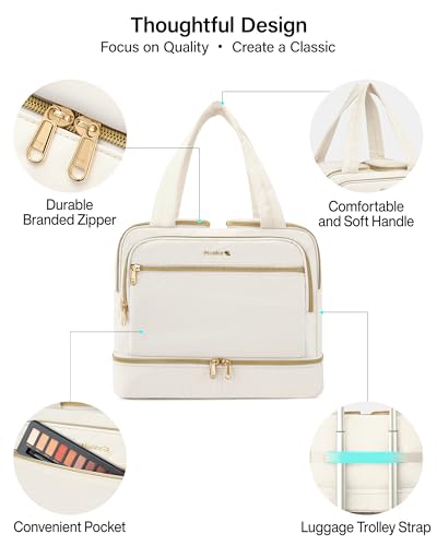 Hanke Travel Toiletry Bag, Lightweight Wide-open Large Toiletry Bags for Women, Dual-Layer Makeup Bag Water-Resistant Cosmetic Travel Bag with Handle for Accessories, Essentials, Off White