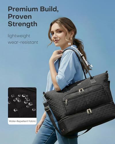 HOTOR Travel Duffle Bag for Women - Carry on Bag with Toiletry Pouch & Shoe Compartment, Large Overnight Weekender Bags for Gym, Business Trips, Sports and Hospital, Black, 17.3" x 7.9" x 13.4"