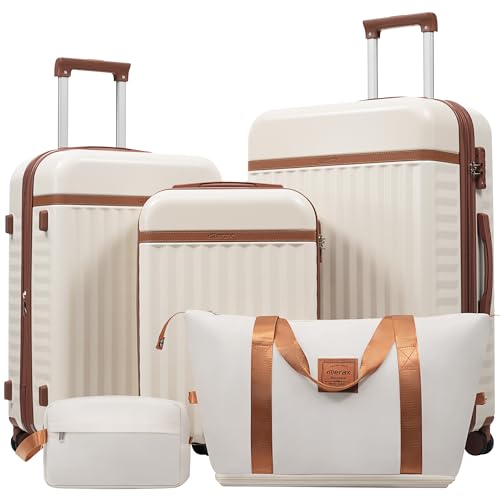 Merax 5 Piece Luggage Set, Hard Shell Expandable Suitcases with Double Spinner Wheels and TSA Lock, 20"+24"+28"(Brown+White)