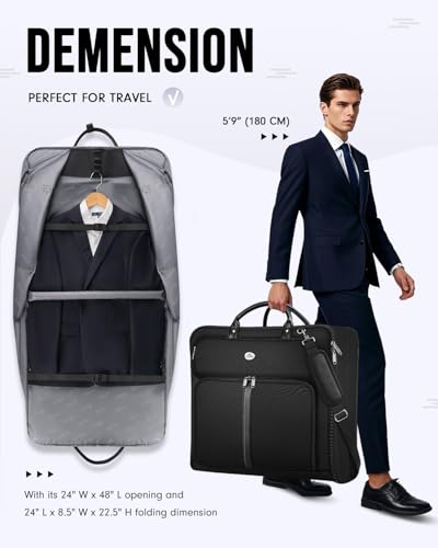 MATEIN Mens Garment Bags for travel, Large Travel Suit Bag Up to 7 Suits with Strap, Wrinkle Free Carry On Garment Bags for Hanging Clothes, Business Suitcase Luggage Bag Fit 17.3 Inch Laptop, Black