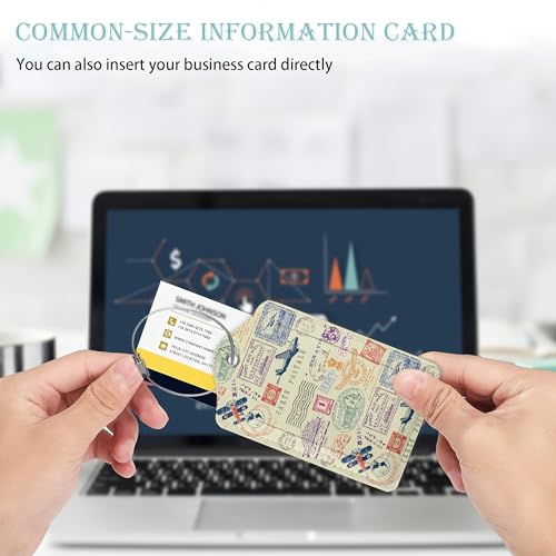 Travel Stamp Luggage Tags for Suitcase,2 Pack Retro Passport Carte Postale Luggage Tag Leather Privacy Cover ID Label with Stainless Steel Loop for Women Men Kids Girls