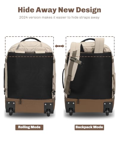 Hynes Eagle Rolling Backpack 42L Backpack with Wheels Airline Approved Carry on Luggage Laptop Travel Suitcase Bag for Women Men Khaki
