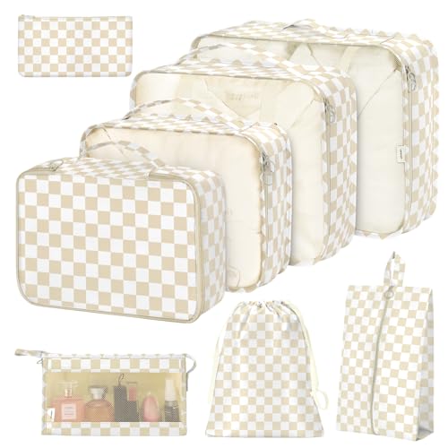 8 Set Packing Cubes for Suitcases,Packing Cube with Shoe, Cosmetics, Clothing, and Accessories Bags Packing Cubes for Travel Luggage Organizer Women Men(Khaki Checkered)