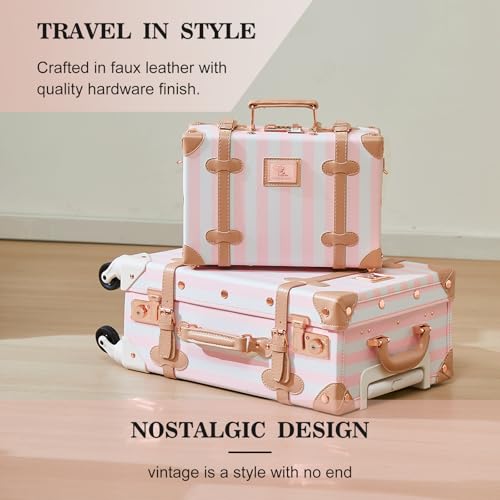 UNIWALKER Vintage Luggage Set, 2 Piece Faux Leather Carry on Suitcase with Spinner Wheels TSA Lock and Cosmetic Train Case for Women, Pink Strip, 20"+12"