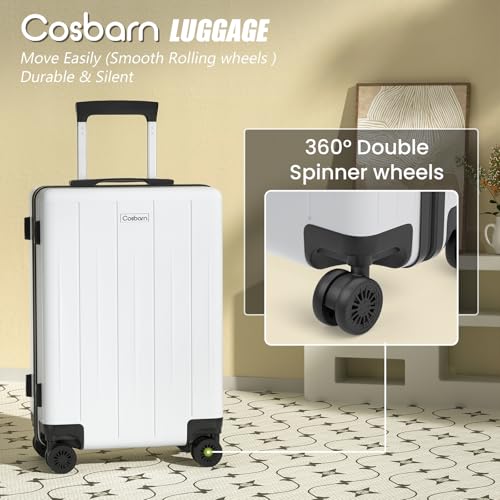 Cosbarn Carry On Luggage 22x14x9 Airline Approved, 20 inch Hard Shell Suitcase, ABS Hardside Suitcases, Lightweight Travel Luggage with 8 Silent Spinner Wheels, Black