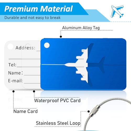 6 Pack Aluminum Luggage Tag for Suitcases with Name ID Card, Stainless Loop, Privacy Protection Travel Tags for Luggage Baggage