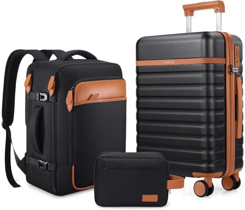 UKEIN Luggage Sets 3 Piece, Carry On Luggage 20In With Spinner Wheels,PC Hardside Suitcase Set with TSA Lock,Durable Carry On Suitcase With Travel Backpack for Men (Black, 3 piece set (20inch))