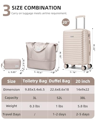 LARVENDER Carry on Luggage 22x14x9 Airline Approved, Expandable 20 Inch Hardside Suitcase with Wheels TSA Lock, PC+ABS Lightweight Carry on Suitcases for Women and Men, Champagne (20/DB/TB)