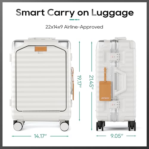 Joyway 20 Inch Carry on Luggage with Aluminium Frame and Front Pocket, PC Hardshell Suitcase with USB Port and Cup Holder, 21.5x14.2x9 Airline Approved, Luggage with Spinner Wheels and TSA Lock(White)