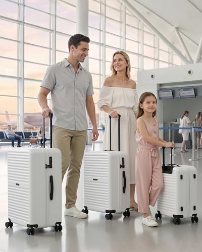 LONG VACATION Luggage Sets, PC Lightweight Suitcase with Spinner wheels, 3 Piece Luggage Set with TSA Lock, Hard shell Suitcase Set, Checked Travel Suitcase (White, 3 Piece Set)