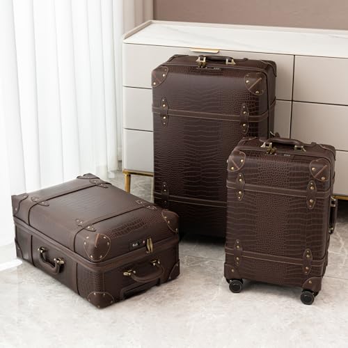 NZBZ Vintage Luggage Sets for Women, PU Leather Retro Suitcase, Vintage Trunk Luggage, Vintage Suitcase Set (Brown Crocodile-embossed, 20inch & 24inch & 28inch)