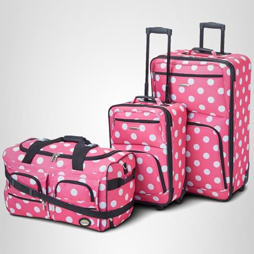 Rockland Vara Softside 3-Piece Upright Luggage Set, Expandable,Lightweight,Telescopic Handle,Wheel, Pink Dots, 20 inches,22 inches,28 inches