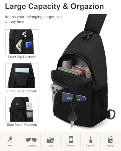 Pritent Crossbody Bags for Women Man Waterproof Sling Bag Backpack Trendy Casual Cross Body Bag with Convertible Shoulder Strap Chest Bag for Camping Hiking Travel Essentials (Black, Medium )