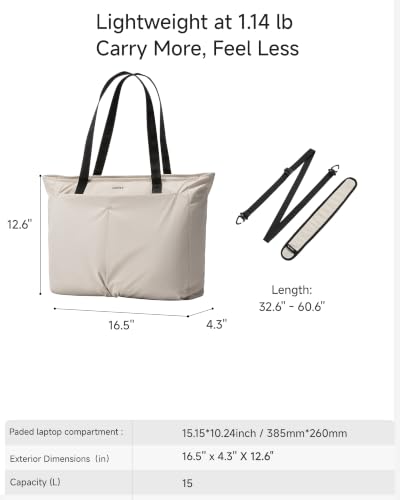 LUGGEX Laptop Tote Bag,13-16 Inch Laptop Lightweight Work Tote, 20L Water-Resistant Nylon Computer Shoulder Bag with Padded Sleeve, Bottle Holders & Luggage Strap (LTX04, Beige)