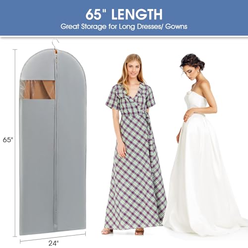 Perber Dress Bags for Gowns, 65'' Long Garment Bags for Hanging Clothes, Dress Garment Bag, Grey Dress Cover with Clear Window for Dresses, Coats, Uniforms - 5 Pack