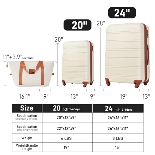 Merax Luggage sets of 3 Piece 20 24 IN Carry on Luggage Hard Case White and Brown Luggage Expandable Checked Luggage Suitcase Set with Wheels