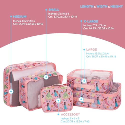 Disney Princess Cinderella Packing Cubes - Winnie the Pooh, Minnie Mickey Stitch 5 Piece Packing Cubes Compression - Travel Essential Accessories - Luggage Suitcase Organizer Set - For Kids, Adults