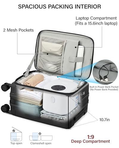 Hanke 20 Inch Expandable Carry On Luggage with Cup Holder 22x14x9 Airline Approved, Top Opening Hard Shell Suitcases with Wheels, Carry-On Travel Suitcase Trunk Luggage with Lock, Jet Black