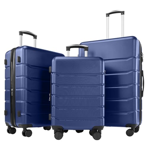 Sweetcrispy 3 Piece Luggage Set, ABS Hard Shell Carry On Suitcase with Smooth Spinner Wheels and TSA Lock, Lightweight Rolling Travel Luggage 20/24/28 Inch for Travel Business Vacation, Navy Blue