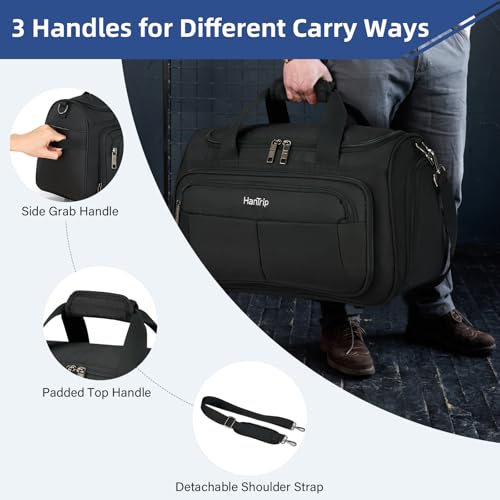 HanTrip Carry on Duffel Bag Foldable Duffle Bags for Travel, Under Seat Personal Item Bags for Airplanes, Weekender Overnight Mens Travel Tote Bag for Women Small Softside Carry on Luggage (Black)