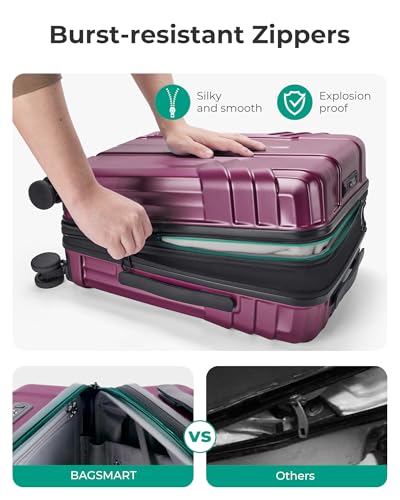 BAGSMART Expandable Carry On Luggage 22x14x9 Airline Approved, 20 Inch Travel Luggage with Spinner Wheels, Lightweight Hard Shell Suitcase Carry on Purplish Red