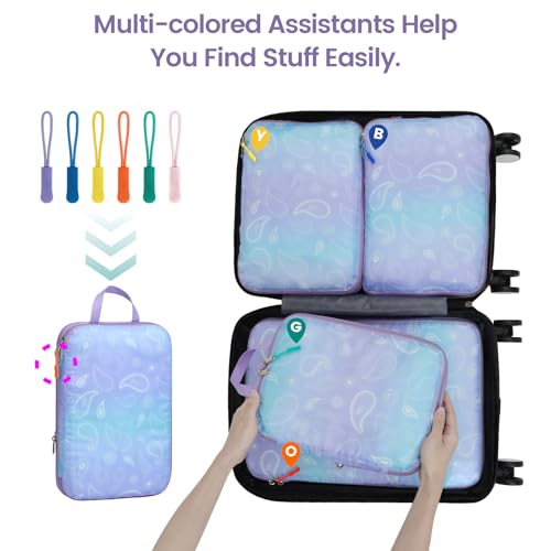 Cambond Compression Packing Cubes Travel - 5 Set Packing Cubes for Carry on Suitcases, Lightweight Expandable Luggage Organizers Space Saver Compression Cubes with Laundry Bag, Blue Purple Gradient