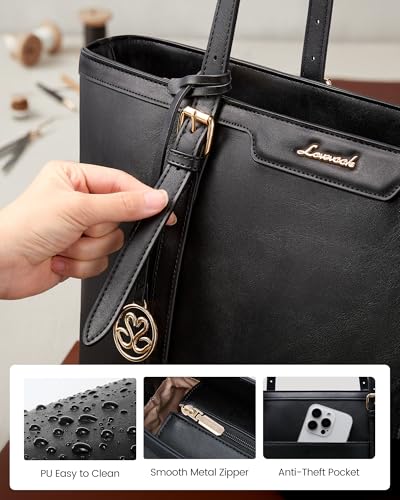 LOVEVOOK Laptop Bag for Women, 15.6 Inch Large Work Tote Bag with 40oz Cup Holder, Waterproof PU Leather Computer Briefcase for Teacher, Professional Business Shoulder Purse Black