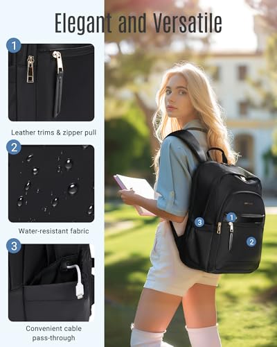 LIGHT FLIGHT Travel Backpack for Women, 15.6 Inch Stylish Laptop Backpack, Computer Bag for College Work Daily, Water-Resistant Casual Daypack with USB Port, Black