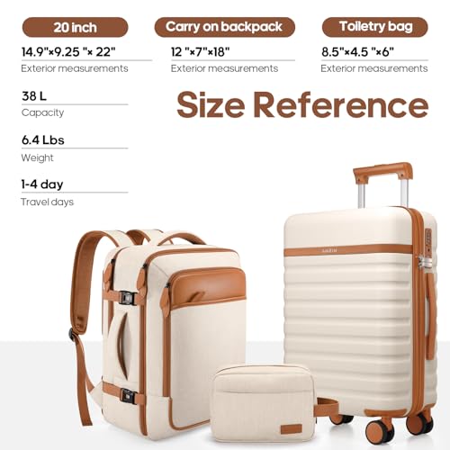 UKEIN Luggage Sets 3 Piece, Carry On Luggage 20In With Spinner Wheels,PC Hardside Suitcase Set with TSA Lock,Durable Carry On Suitcase With Travel Backpack for Men (Beige, 3 piece set (20inch))