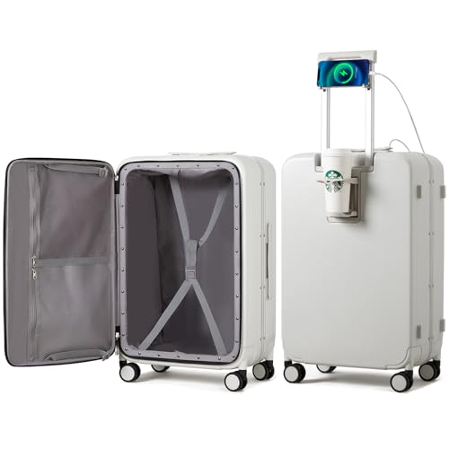 mixi Large Checked Luggage with Cup Phone Holder and Charger Hard Shell Suitcases with Spinner Wheels, 26 Inch Smoke White