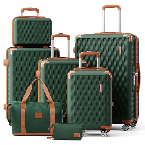 Melalenia Luggage Sets 7 Piece Hard Shell Carry on Suitcase with Spinner Wheels and TSA Lock, Lightweight Travel Duffel Bag for Women, Men, Green Brown