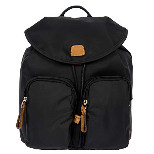 Bric's X-Travel Piccolo City Backpack 10", Water-Resistant Satin Nylon Daypack with Leather Details, Drawstring Closure, Adjustable Straps and Multi-Pocket Organization - Black