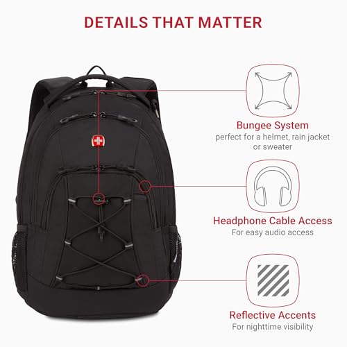 SwissGear 1186 Special Edition 13” Laptop Backpack Black – Compact Tech Bag with Reflective Accents – Multiple Organizer Pockets with Bungee Cords & D-ring Attachment Point