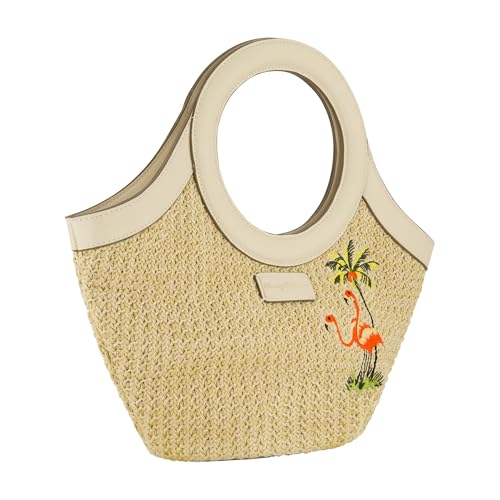 Tommy Bahama Tote Bag, Women's Travel Handbag with Adjustable Shoulder Strap, Embroidered Flamingo and Palm Tree Design, Cream, One Size