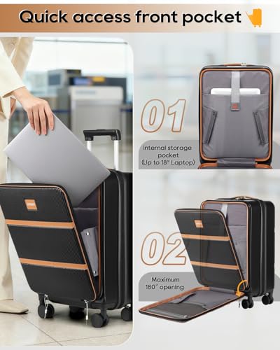 Joyway Carry on Luggage Airline Approved with Front Pocket, Hardside 20 Inch Travel Luggages with Cup Holder, Carry-on Suitcase with Leather Handbag
