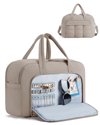 BAGSMART Travel Duffel Bag, Carry on Travel Bag with Jewelry Compartment, 35L Weekender Duffle for Women, Water Resistant, Light Tan