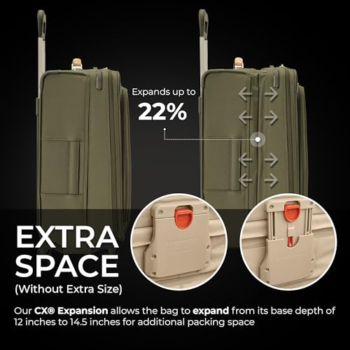 Briggs & Riley 26" Medium Expandable Spinner - Checked Luggage for Travel, Suitcases with Wheels, Softside Rolling Bag for Men & Women, Self-Repairing Zipper - Baseline Collection, Olive