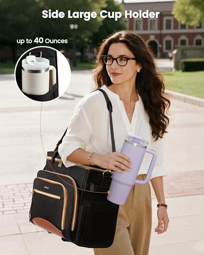 LOVEVOOK Rolling Teacher Bag with Detachable Dolly and Laptop Compartment, Large Rolling Tote Bag fits for 17.3" Laptop for Teacher Office Work Craft Nurse, Black-beige-brown