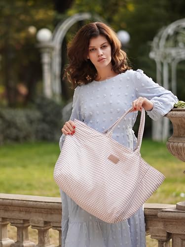 Lee Gingham Tote Bag for Women, Extra Large Cotton Shoulder Bag, Casual Cute Plaid Tote Bag Lightweight Beach Handbag, Multipurpose Reusable Grocery for Travel, Shopping, Weekender, LEE64-001TN