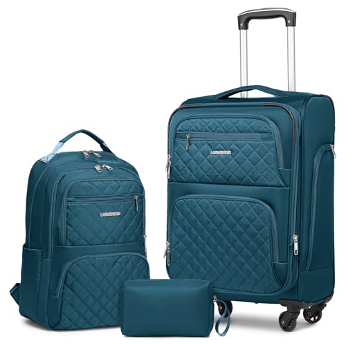 LARVENDER 3 Piece Luggage Set with Spinner Wheels - Expandable Softside 20 Inch Carry On Suitcase 22x14x9 Airline Approved,TSA Lock, Blue