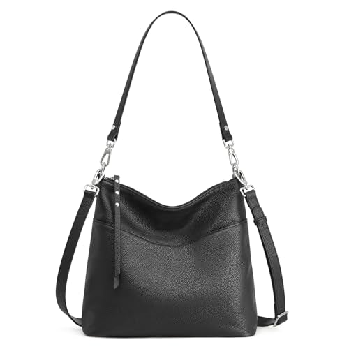 S-ZONE Leather Tote Bag for Women Medium Crossbody Handbags Shoulder Hobo Purse with 2 Removable Straps, Black