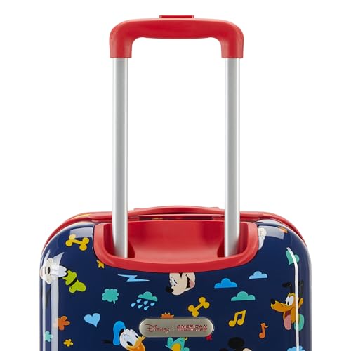 American Tourister Mickey Mouse Carry-On Luggage - Airline Approved, Durable Hardshell with Micky, Donald Duck, Pluto & Goofy - Roll Confidentially with Spinner Wheels & Colorful Adjustable Handle