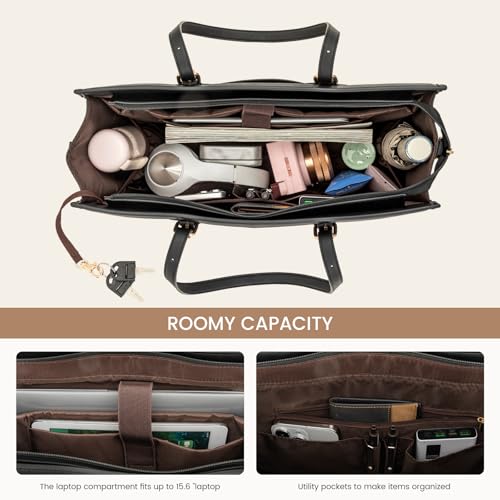 LOVEVOOK Women's 15.6 inch Laptop Tote, Waterproof PU Leather Computer Work Bag, Large Capacity Business Office Tote Black