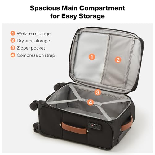 mixi Carry On Luggage 20 Inch Softside Expandable Suitcase with Front Pocket, 22x14x9 Airline Approved Rolling Lightweight Travel Suitcases with Wheels & TSA (Black-Off White)