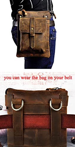 Le'aokuu Mens Genuine Leather Small Messenger Shoulder Satchel Waist Bag Pack 8711 (8711 A-Dark Brown)