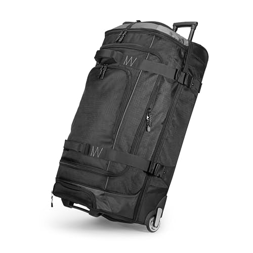 Amazon Basics 30-Inch Large Rolling Duffel Bag with Wheels and Handle, Durable Ripstop Polyester, 2 Layers of Space, Multiple Interior and Exterior Pockets, Black