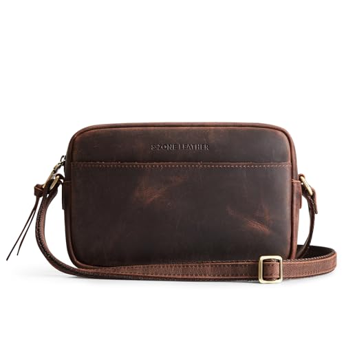 S-ZONE Crossbody Bags for Women Top Grain Leather Shoulder Handbags Camera Bag Purse Adjustable Strap Travel Daily Dark Brown